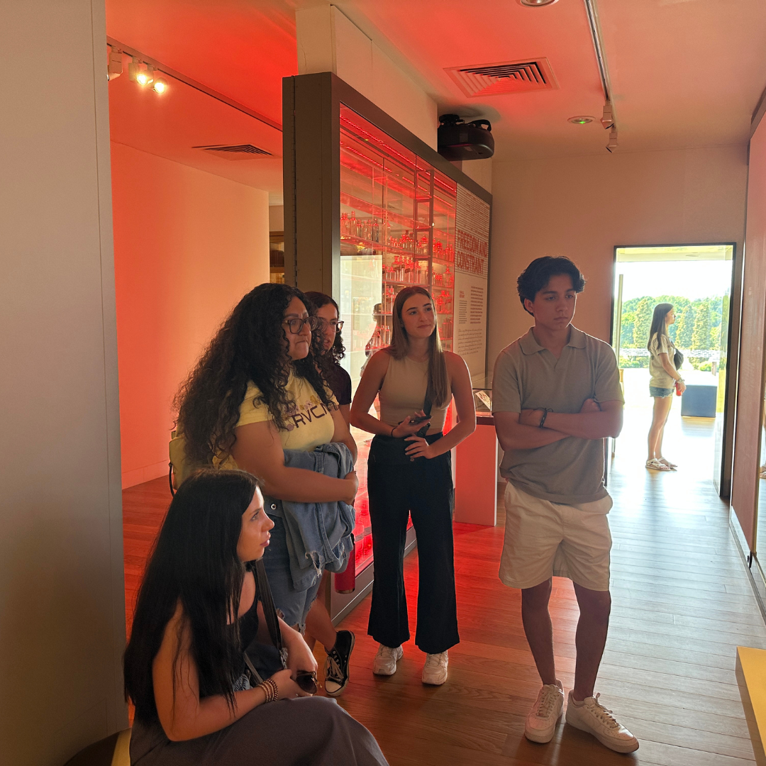 Five ASU students gather around a video exhibit at the Bethlem Museum of the Mind in London.