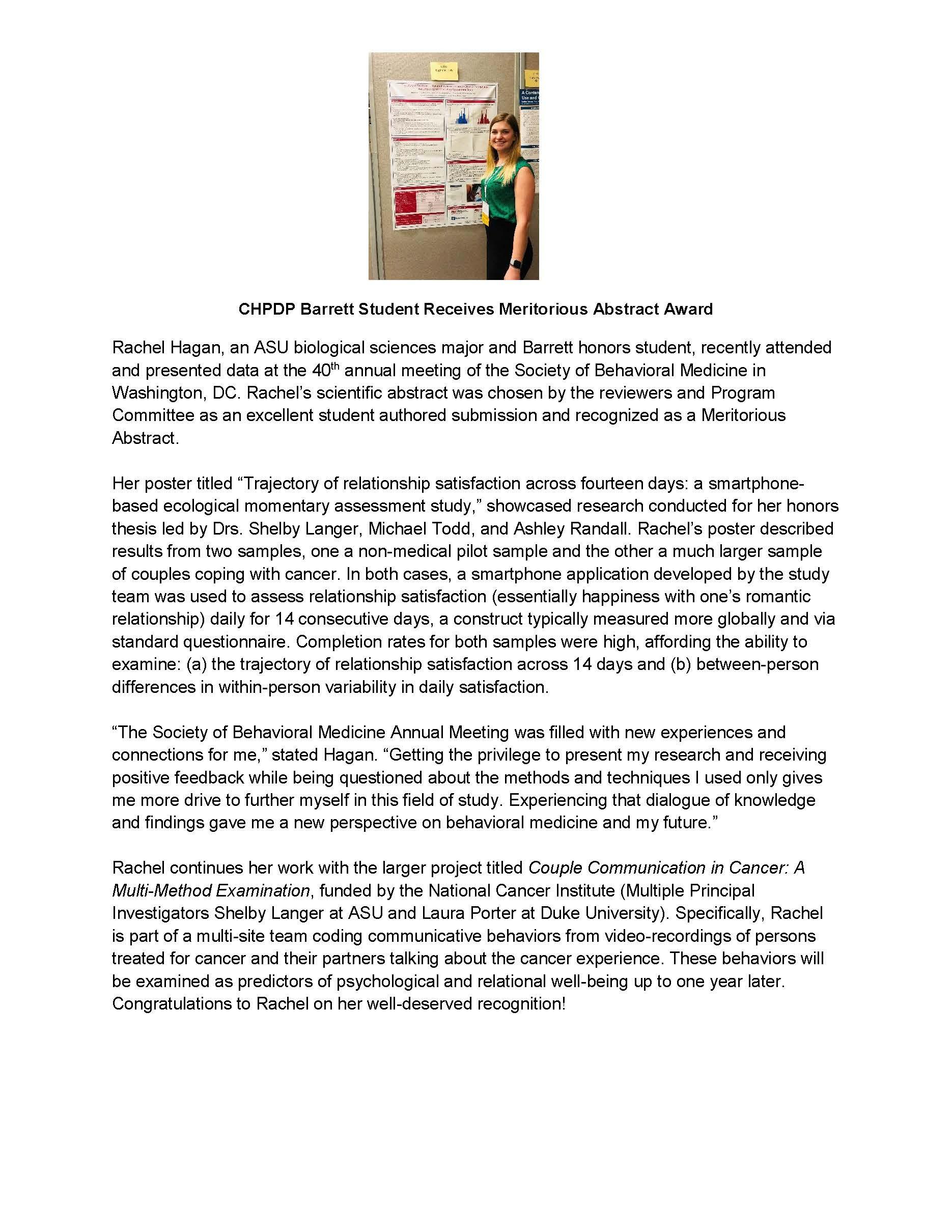 CHPDP Barrett Student Receives Meritorious Abstract Award