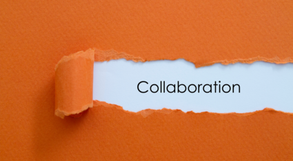 Collaboration is spelled out on an orange background